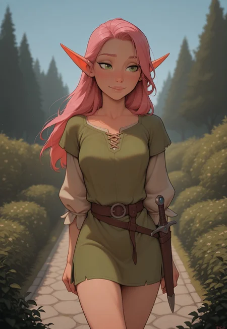 masterpiece, best quality, amazing quality, very aesthetic, DISNEY_ANIMATION, incoth, (incase:0.6), female, solo, (depth of field), medieval setting, outdoors, garden, day time

elf, pink hair, green eyes, cute face, slender, small breasts, long hair swept to one side, short elf ears, short ears,

simple tunic, dagger,

walking in garden, dynamic pose,