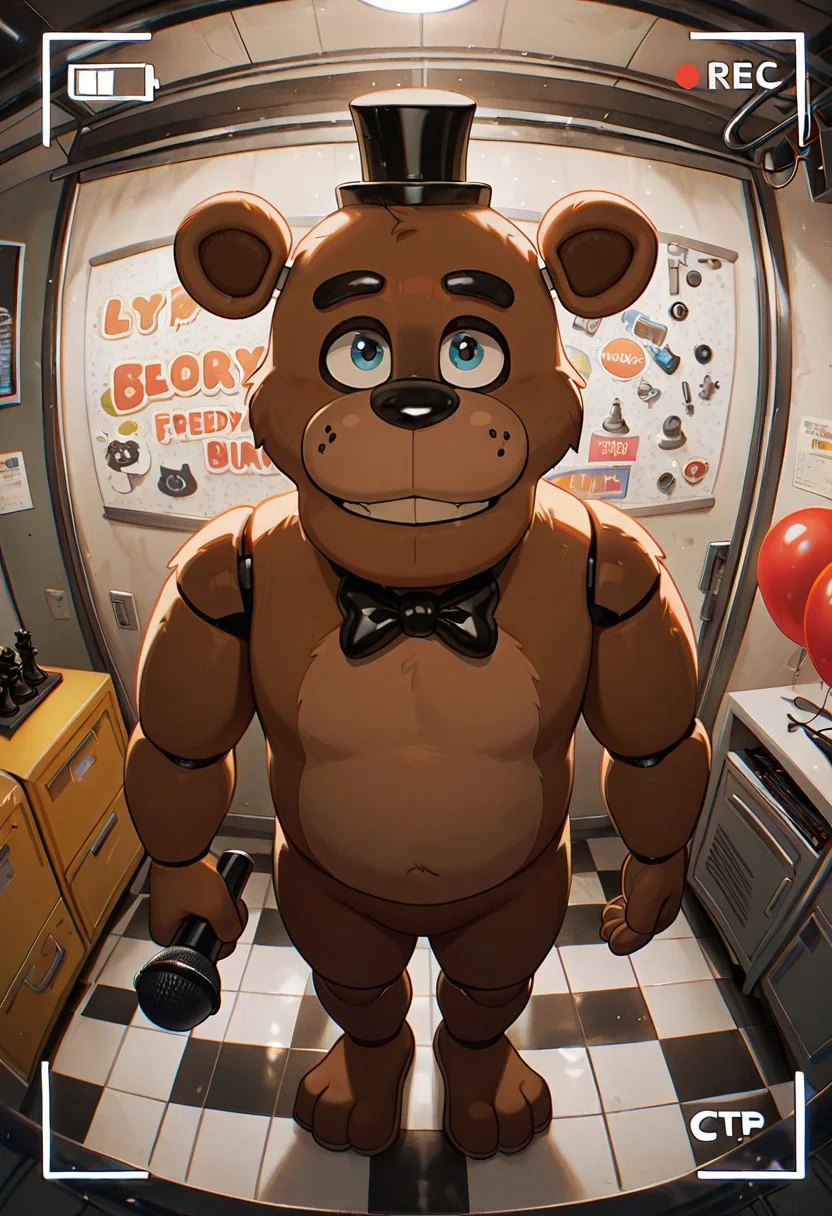 masterpiece, best quality, amazing quality, very aesthetic, absurdres, newest, detailed background,
cartoon, screencap,
freddyit, 1boy, black mini top hat, black bowtie, bear ears, joints, teeth, animatronic,
closed mouth, checkered floor, chess pattern floor, cctv, from above looking at camera, mechanic room, garage, metal parts, spare parts, standing, hand down, holding microphone, fisheye, fisheye lens, dynamic, party room, balloons, smile,