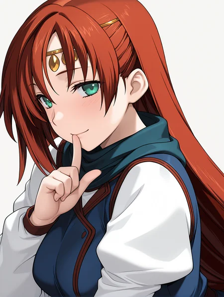 masterpiece,best quality,newest,
1girl,solo,
<lora:elenoa_ilxl_v2.9:1>,elenoa,(e_circlet:1.2),red hair,very long hair,green eyes,e_02clothes,long_sleeves,white sleeves,blue clothes,
<lora:Fixhands_anime_bdsqlsz_V1:1>,upper_body,profile,smile,light_blush,white_background,simple_background,looking_at_viewer,finger to mouth,