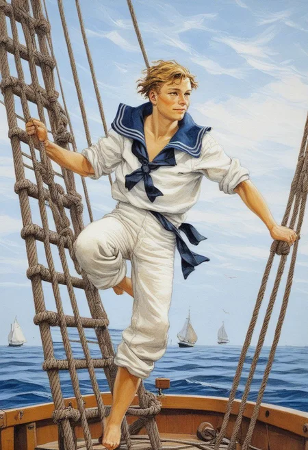Pierre joubert, painting of a sailor on a rope ladder of a boat