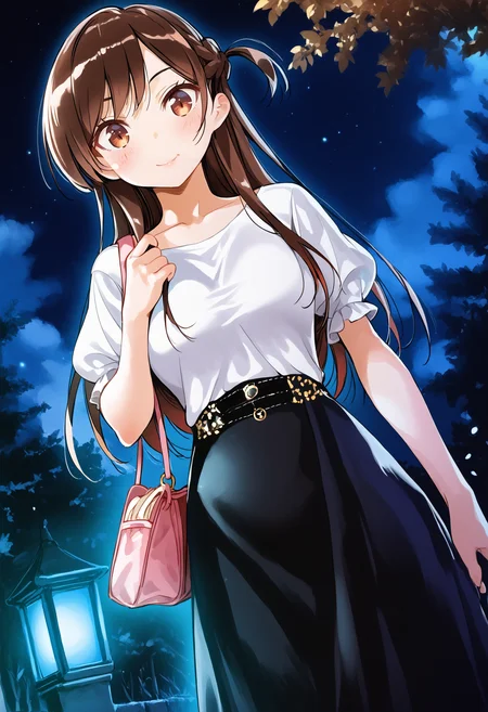 score_9, score_8_up, score_7_up, score_6_up, masterpiece, best quality, black background, night,
by miyajima reiji, mizuhara chizuru, 1girl, long hair, solo, brown hair, brown eyes, skirt, outdoors, tree, bag, night, dutch angle, shirt, blouse, handbag, black skirt, short sleeves, holding, white shirt, smile, long skirt, sky, one side up, puffy sleeves, blush, braid, standing, collarbone
<lora:kanojookarisimasu_v10:1>
