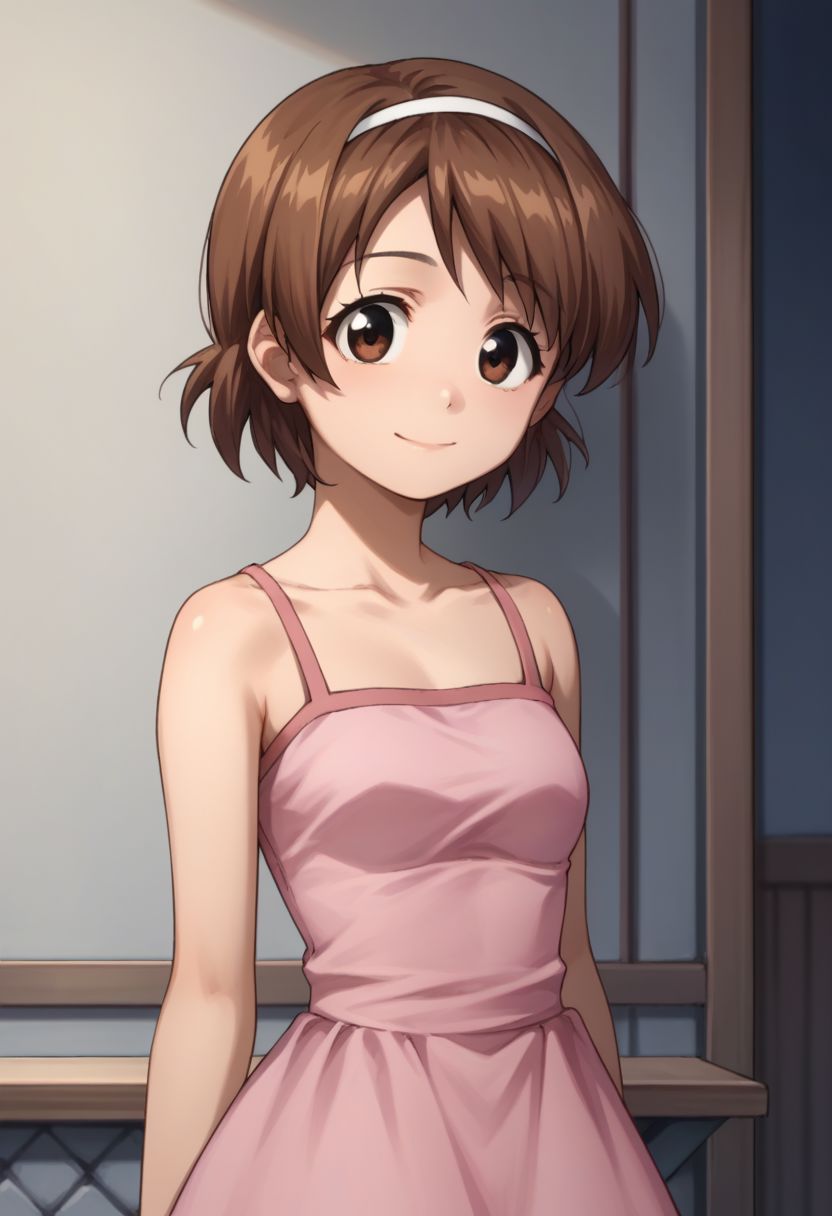 score_9, score_8_up, score_7_up, source_anime, 
sanae, 1girl, solo, brown hair, brown eyes, hairband, short hair, smile, dress, pink dress, bare shoulders, skirt, blue skirt, upper body,