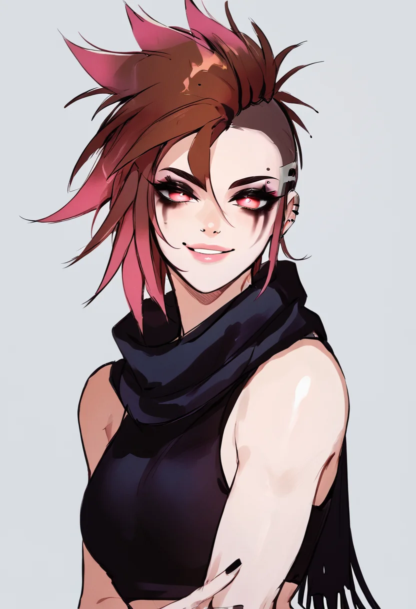1girl, stunning beauty, soft light, dark colors, simple background, Looking at viewer, beautiful eyes, beautiful face, happy mood, glowing lips, pink hair, light smile, makeup, beautiful makeup, glowing pink lips, punk, goth, scarf, beautiful hair, brown hair, <lora:bladechan28:1>, BREAK (score_9, score_8_up, score_7_up),