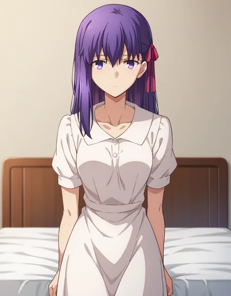 score_9, score_8_up, score_7_up, source_anime,
sakuramatou, <lora:sakura-matou-hf-ponyxl-lora-nochekaiser:1>,
sakura matou, long hair, purple eyes, purple hair, ribbon, hair ribbon, red ribbon,
dress, ribbon, collarbone, short sleeves, white dress, official alternate costume, black ribbon, collared dress,
indoors, bed, bed room,
looking at viewer, dutch angle, cowboy shot,