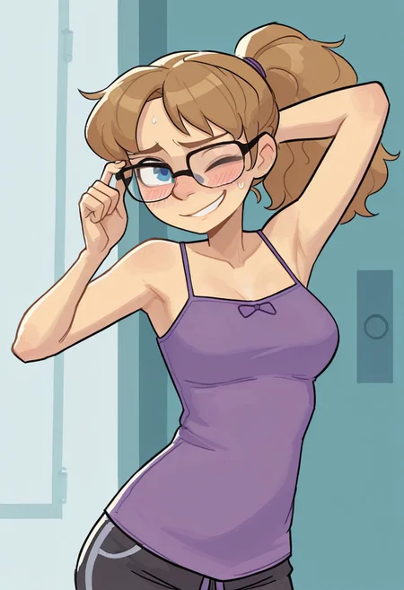AMUGEA, cute, flat shading,DaisyW00ton, solo, 1girl,Glasses, medium breasts, camisole,  , blue eyes, , ponytail, wink, blushing, shy, nervous grin, armpits, looking at viewer, slim,