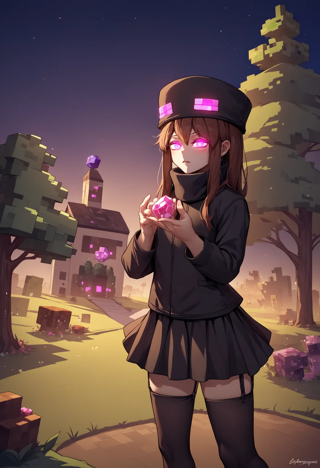 score_9, score_8_up, score_7_up, source_anime, 1girl, Enderman-chan, black jacket, high collar, enderman hat, black skirt, black thighhigh, garter straps, <lora:Enderman_XLPD:1>, holding, pearl (gem), holding pearl (gem), night, outdoors, minecraft, tree, village, glowing eyes, round pearl (gem),