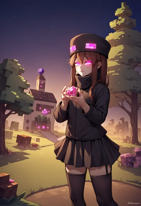 score_9, score_8_up, score_7_up, source_anime, 1girl, Enderman-chan, black jacket, high collar, enderman hat, black skirt, black thighhigh, garter straps, <lora:Enderman_XLPD:1>, holding, pearl (gem), holding pearl (gem), night, outdoors, minecraft, tree, village, glowing eyes, round pearl (gem),