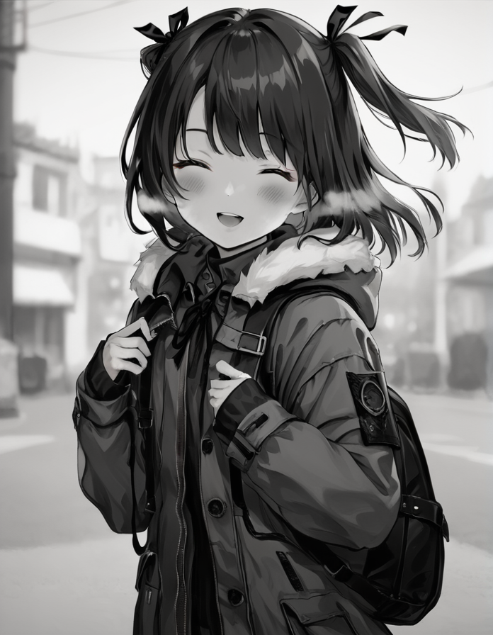 score_9, score_8_up, score_7_up,  <lora:LowKeyLightsPony:0.6>LowKeyLights,
1girl,solo,blush,smile,open mouth,bangs,long sleeves,ribbon,jacket,monochrome,closed eyes,hair ribbon,upper body,greyscale,outdoors,open clothes,teeth,hood,bag,open jacket,two side up,coat,sleeves past wrists,fur trim,depth of field,blurry background,backpack,hood down,breath,hooded jacket,facing viewer,holding strap,fur-trimmed hood