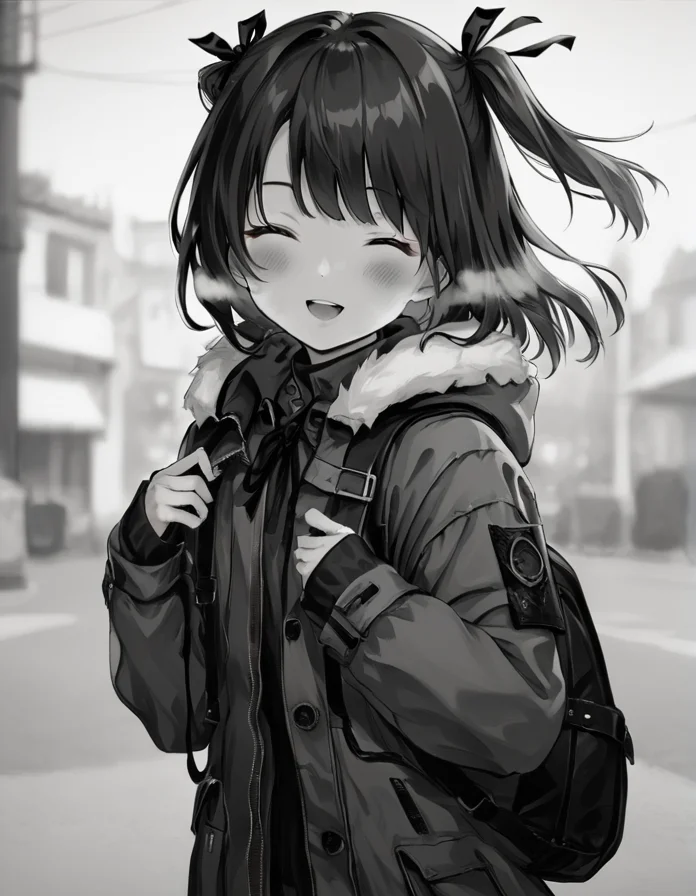 score_9, score_8_up, score_7_up, <lora:LowKeyLightsPony:0.6>LowKeyLights,
1girl,solo,blush,smile,open mouth,bangs,long sleeves,ribbon,jacket,monochrome,closed eyes,hair ribbon,upper body,greyscale,outdoors,open clothes,teeth,hood,bag,open jacket,two side up,coat,sleeves past wrists,fur trim,depth of field,blurry background,backpack,hood down,breath,hooded jacket,facing viewer,holding strap,fur-trimmed hood