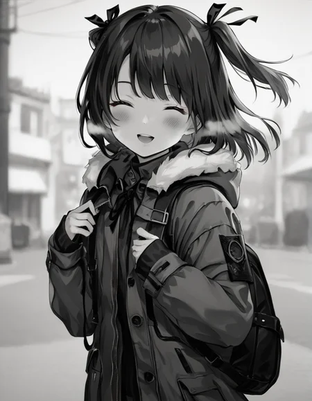 score_9, score_8_up, score_7_up, <lora:LowKeyLightsPony:0.6>LowKeyLights,
1girl,solo,blush,smile,open mouth,bangs,long sleeves,ribbon,jacket,monochrome,closed eyes,hair ribbon,upper body,greyscale,outdoors,open clothes,teeth,hood,bag,open jacket,two side up,coat,sleeves past wrists,fur trim,depth of field,blurry background,backpack,hood down,breath,hooded jacket,facing viewer,holding strap,fur-trimmed hood