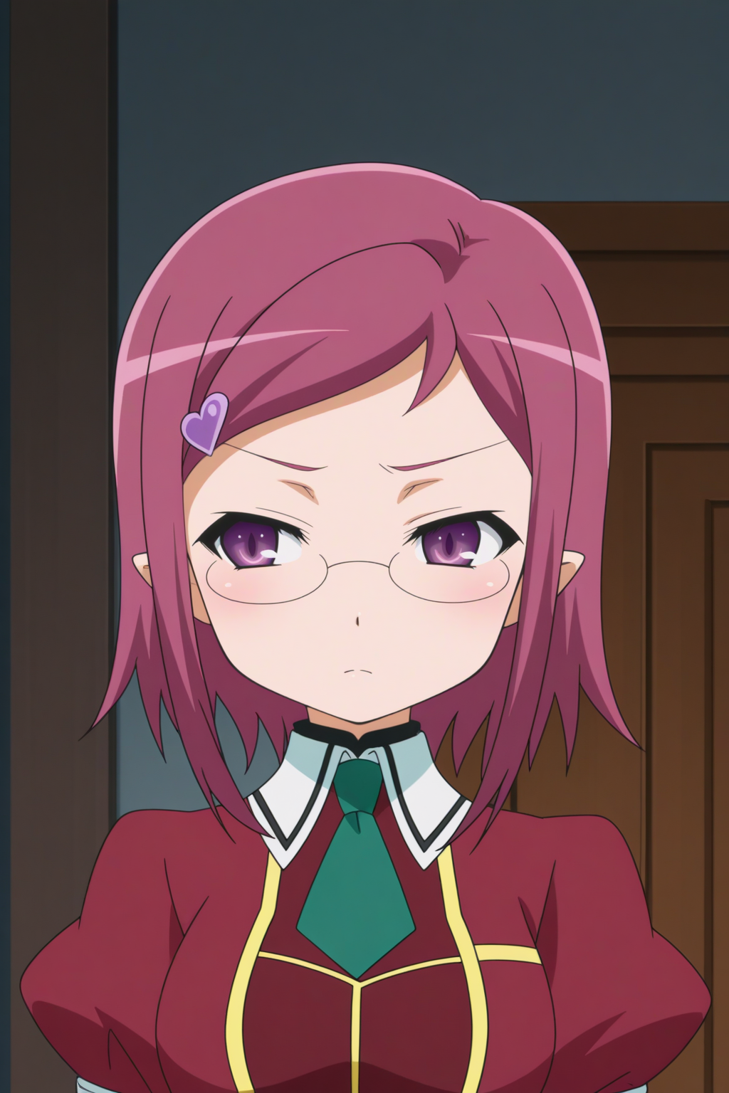 judith snorrevik, judith's uniform, glasses, heart_hair_ornament,  anime coloring, front view <lora:Astarotte_no_Omocha_-_illustriousv0:0.8>
