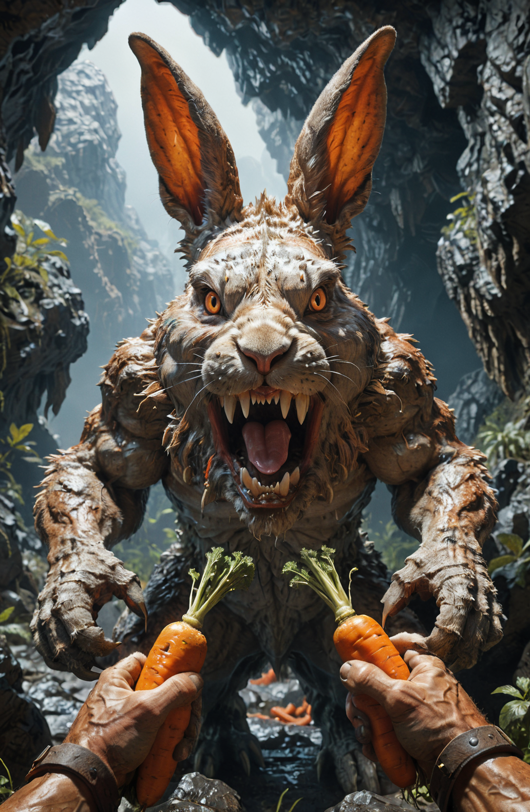 amazing quality, ultra detailed,
a gigantic rabbit monster, opened mouth wide, in dark cave, carrots,
<lora:XL_Weapon_Dual_Pistol_Pov_-_By_HailoKnight:0.8>, dual pistol pov, 
<lora:add-detail-xl:0.85>, 
<lora:EnvyBetterHiresFixXL01:1.0>, 
<lora:EnvyVividXL01-adamw:1.0>, 
<lora:extremely_detailed:1.2>, extremely detailed,