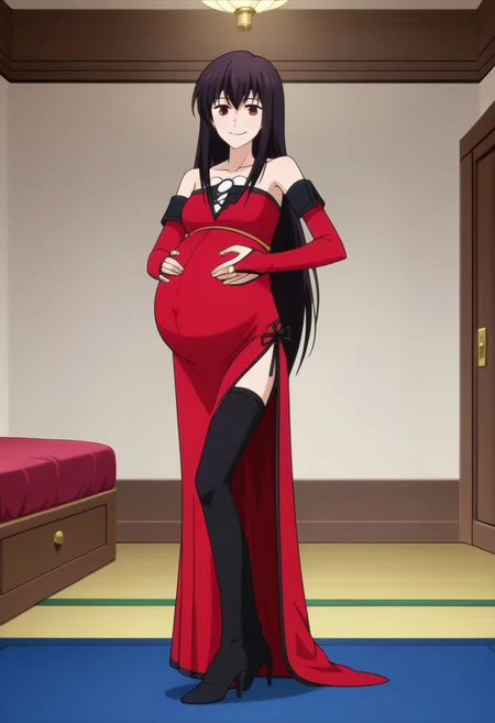 best quality, masterpiece, 4k, perfect lighting, very aesthetic, anime, anime coloring, official art, anime screencap, (large pregnant belly:1.3), bedroom, (hands on belly:1.5), happy, smile,
celeste, long hair, black hair, red eyes,
ached sleeves, bridal gauntlets, bare shoulders, collarbone,
long dress, side slit, black thighhighs, high heels,
standing