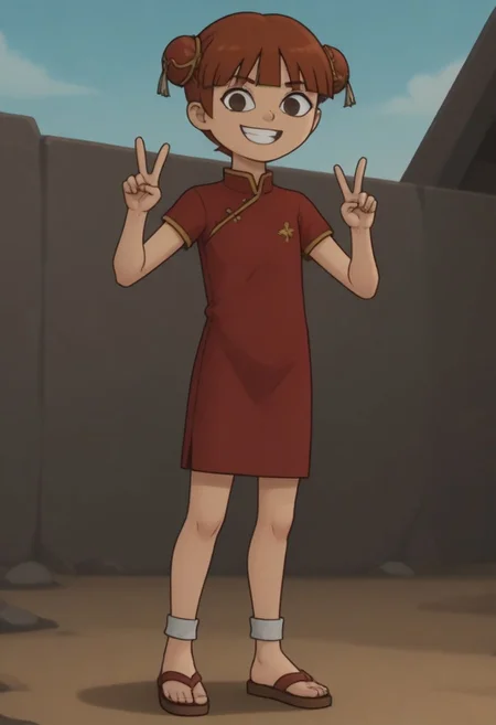 score_9, score_8_up, score_7_up, 1girl, solo, Fiore_DC, light skin, brown eyes, red hair, short hair, Double bun, bun cover, bangs, white socks, sandals, Chinese clothes, China dress, red cheongsam
big eyes, young, petite, small body, short body, child, flat chested, social smile, perfect eyes, perfect smile, looking at the viewer, detailed eyes, perfect eyes, standing, five fingers, perfect hands, hands sign peace, futuristic oedo town, blue sky, daytime, good weather, nice