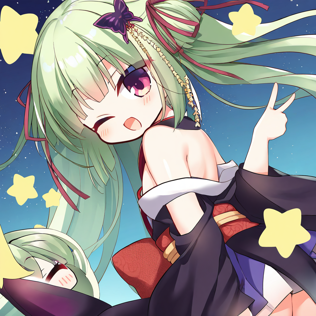 yuzu chibi,
1girl,murasame \(senren\),happy,one eye closed,v,open mouth,star \(symbol\),looking back,
masterpiece,best quality,highres,absurdres,
<lora:yuzusoft2_NoobVpred06:1>,