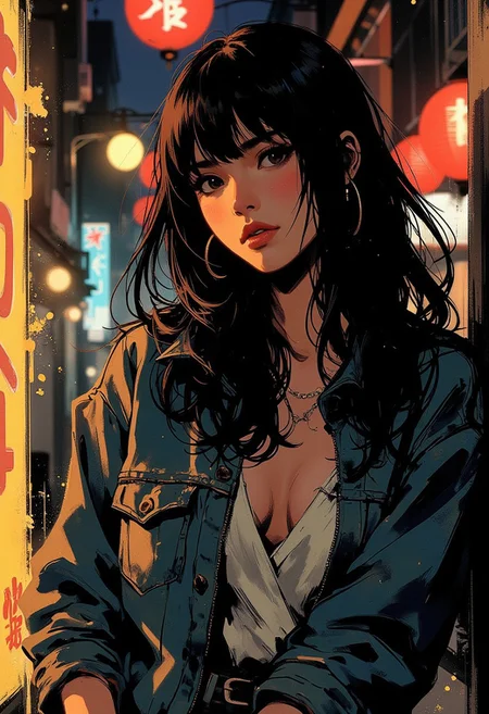 in the style of ck-mgs, nistyle, Special Ink-drawing mode, intricate linework with expressive contrasts, Mh1$AgThS2, Inkplash art on rice paper, sepia, henna , Silhouette Art, magnificent, inksplash closeup portrait of stunning japanese woman, long loose hair, bangs, denim jacket, white blouse, leaning against a neon sign on a traditional Japanese street, night, neon signs, bokeh