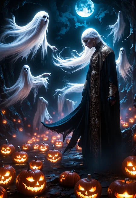 score_9, score_8_up, score_7_up, full body, long shot, Halloween ghosts gliding over a pumpkin patch