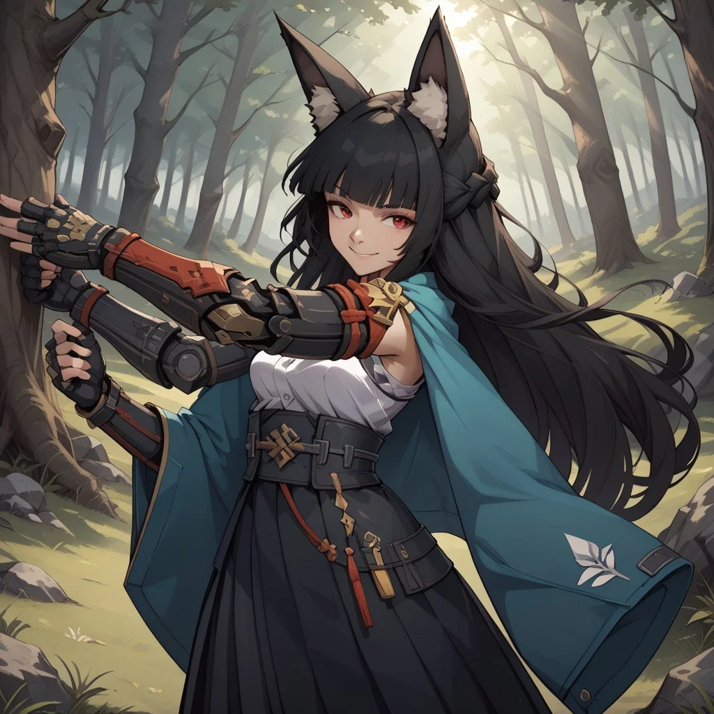 score_9, score_8, BREAK, solo, hoshimi, red eyes, black hair, very long hair, blunt bangs, braid, fox ears, green jacket, jacket on shoulders, single wide sleeves, fingerless gloves, mechanical arm, gauntlets, white shirt, black necktie, id card, black skirt, high-waist skirt, pantyhose, sexy pose, self portrait, smile, outdoors, sunlight, shadows, evening lighting, natural lighting, forest, trees, grass, orange sky, sunset