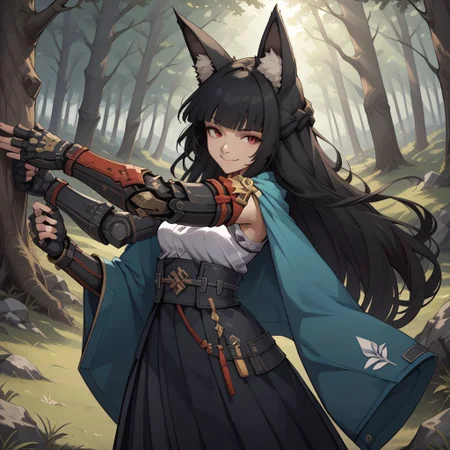 score_9, score_8, BREAK, solo, hoshimi, red eyes, black hair, very long hair, blunt bangs, braid, fox ears, green jacket, jacket on shoulders, single wide sleeves, fingerless gloves, mechanical arm, gauntlets, white shirt, black necktie, id card, black skirt, high-waist skirt, pantyhose, sexy pose, self portrait, smile, outdoors, sunlight, shadows, evening lighting, natural lighting, forest, trees, grass, orange sky, sunset