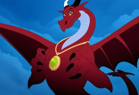 score_9, score_8_up, score_7_up, solo, Expressiveh, (Drizelda, female dragon, feral, horns, necklace, yellow sclera, blue eyes, wings, red body, red scales, claws, tail, 3 fingers), cowboy shot, smile, evil smile, closed mouth, flying, clouds, sky, female focus, looking at viewer, simple background, 4k, masterpiece, best quality, highly detailed, realistic