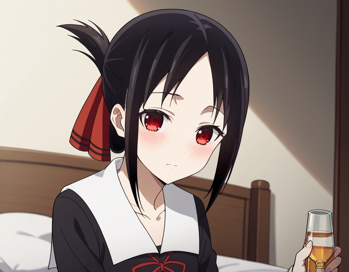score_9, score_8_up, score_7_up, source_anime,
kaguyashinomiya, <lora:kaguya-shinomiya-s3-ponyxl-lora-nochekaiser:1>,
kaguya shinomiya, short hair, bangs, black hair, red eyes, hair ribbon, sidelocks, folded ponytail, parted bangs,
long sleeves, dress, ribbon, school uniform, collarbone, black dress, sailor collar, white sailor collar, red ribbon, neck ribbon, shuuchiin academy school uniform,
indoors, bed, bed room, on side, blush, drunk,
looking at viewer, cowboy shot, dutch angle, solo,