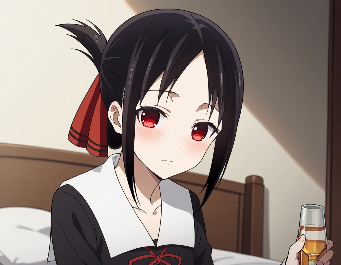 score_9, score_8_up, score_7_up, source_anime,
kaguyashinomiya, <lora:kaguya-shinomiya-s3-ponyxl-lora-nochekaiser:1>,
kaguya shinomiya, short hair, bangs, black hair, red eyes, hair ribbon, sidelocks, folded ponytail, parted bangs,
long sleeves, dress, ribbon, school uniform, collarbone, black dress, sailor collar, white sailor collar, red ribbon, neck ribbon, shuuchiin academy school uniform,
indoors, bed, bed room, on side, blush, drunk,
looking at viewer, cowboy shot, dutch angle, solo,