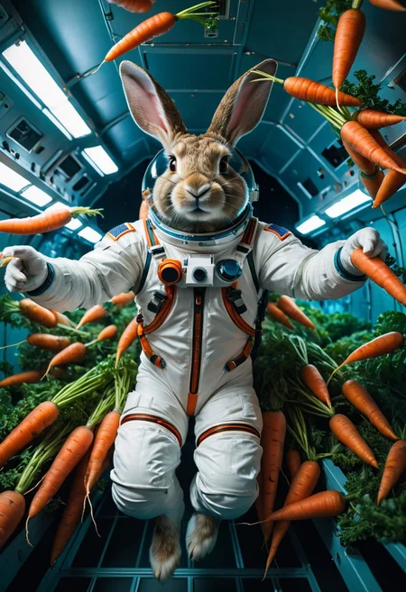 Rabbit in a spacesuit, floating in a zero-gravity room filled with floating carrots, sci-fi fantasy style, vibrant colors, Pentax K1000 with Helios 44-2 58mm f/2, ultra fine detail, cinematic, 35mm film.