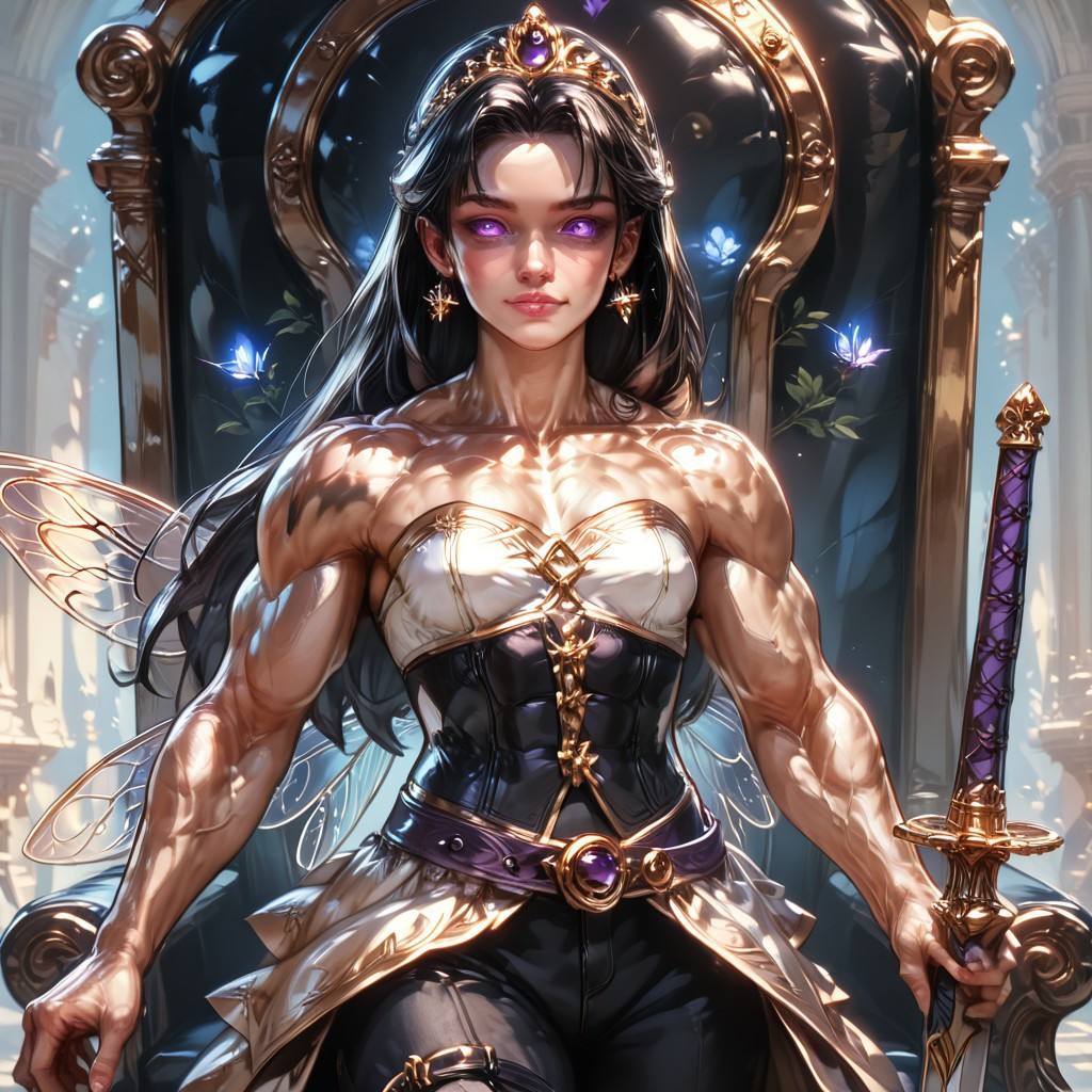 Action scene, detailed, photo realistic, hyper realistic, score_9, rating_safe, solo ((arch fey, violet eyes, (beautiful woman, white underbust corset, skirt, pants, sword belt, and holding a sword), (huge muscles, small petite breasts, muscular thighs, muscular biceps, muscular shoulders, toned abs), ((bronze metallic gold skin ral-polishedsteel)), (fairy wings), (long black hair))), (standing next to a multicolored crystal throne, in a detailed throne room filled with treasures, detailed lighting), hi res, hi quality, 4k, concept art, digital art, realistic, detailed background, lens flare, pixel art, piratical beauty, great lighting