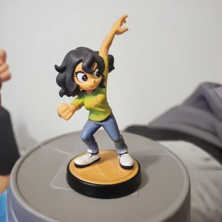 Amiibo, figure, round circular stand, detailed figure,]
-
elenamics, black hair, brown eyes,
-
,gren shirt, jeans, white sneakers
-
Battle pose,
