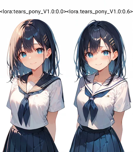 score_9, score_8_up, score_7_up,source_anime, high res image,masterpiece,best quality,break,
girl,cute face,clear skin,shiny hair,ultra detailed eyes,simple background,
<lora:tears_pony_V1.0:0.0> tears,smile,school uniform,