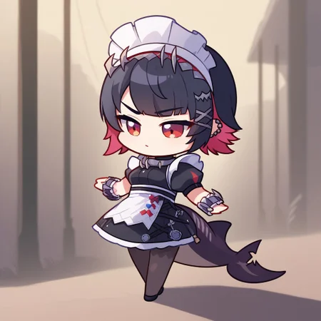 score_9, score_8_up, score_7_up, score_6_up, source_anime BREAK 
1girl, chibi, 3d, scenery, standing, depth of field, cute, full body, 8k, high resolution, burry background, lighting, ellenjoe, <lora:ellen-joe-ponyxl-lora-nochekaiser:1>, ellen joe, black hair, colored inner hair, multicolored hair, red eyes, red hair, short hair, two-tone hair, apron, black pantyhose, black shirt, black skirt, ear piercing, fins, fish tail, maid, maid apron, maid headdress, pantyhose, piercing, puffy short sleeves, puffy sleeves, shark girl, shark tail, shirt, short sleeves, skirt, tail, two-tone hair, wrist cuffs, chibi