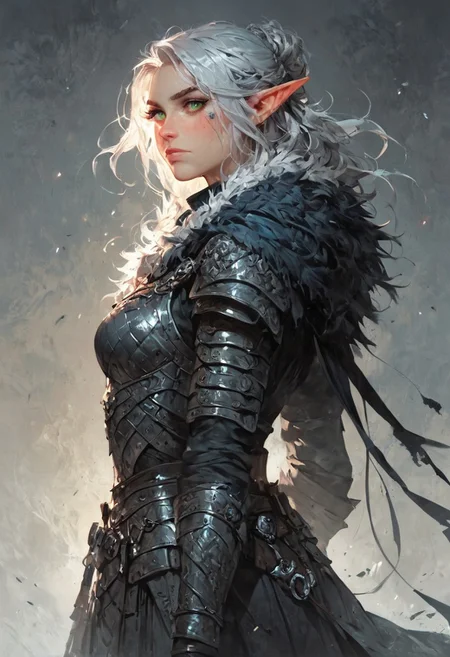 score_9, score_8_up, score_7_up, woman, simple background, dark background, green eyes, gorgeous, elf, fur outfit, black viking outfit, pale skin, solo, dark blue heavy armour, dark blue medieval armour, dark blue chainmail, mythril armour, elven ornaments, fur cloak, standing up straight, calm face, runic tattoos, silver hair, closed mouth, cowboy shot