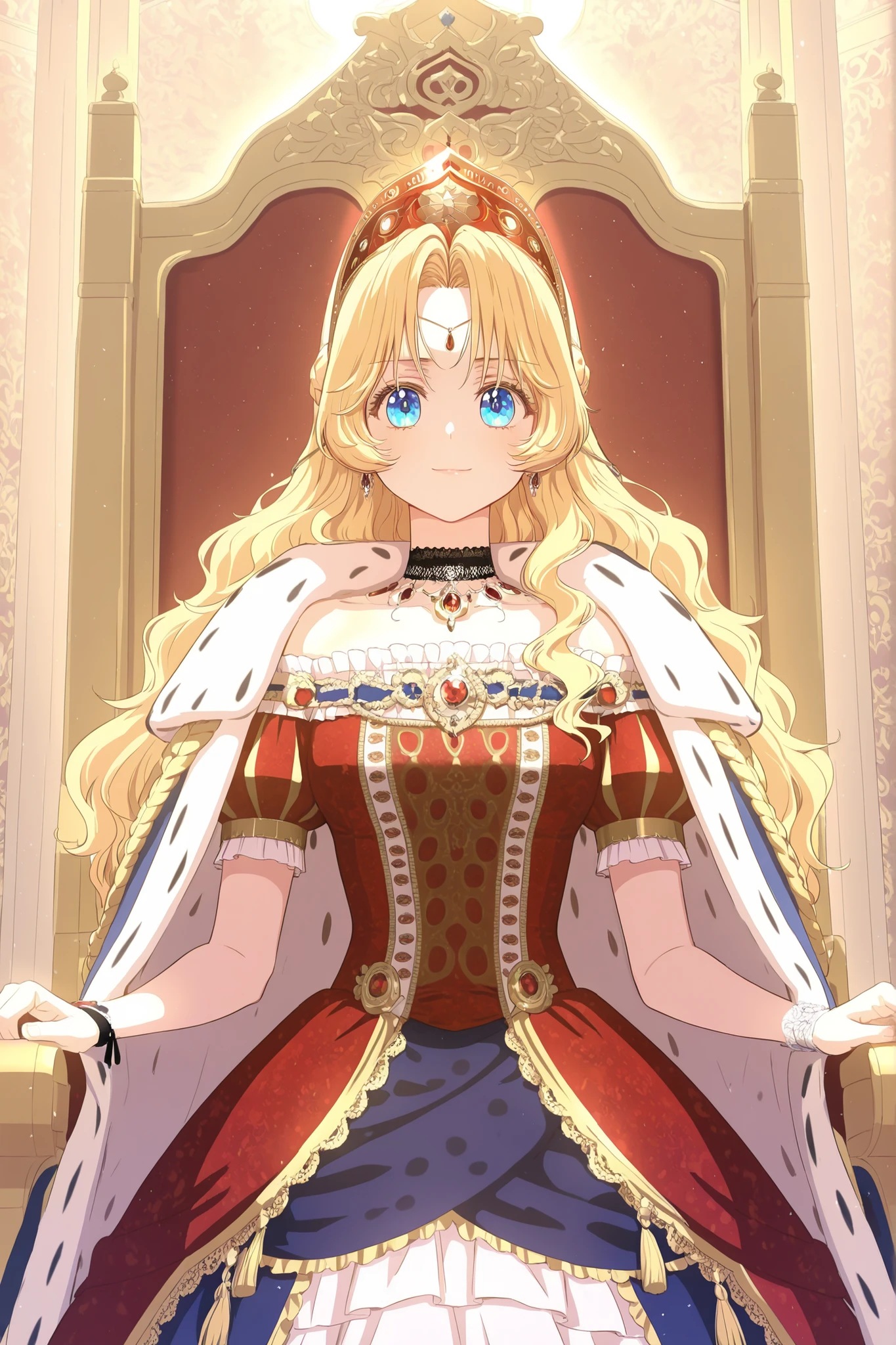 masterpiece, best quality, absurdres, high quality, detailed illustration, majestic atmosphere, ornateroyalgown, 1girl, solo, athanasia, blonde hair, blue eyes, wavy hair, long hair, hair ornament, headpiece, tiara, red gem, jewelry, choker, black choker, necklace, red dress, ornate dress, layered dress, off shoulder, puffy sleeves, royal capelet, gold trim, embroidery, sash, brooch, tassel, blue skirt, white skirt, ruffled skirt, looking at viewer, regal expression, commanding presence, slight smile, dramatic lighting, indoors, throne room, ornate background, detailed background, cowboy shot