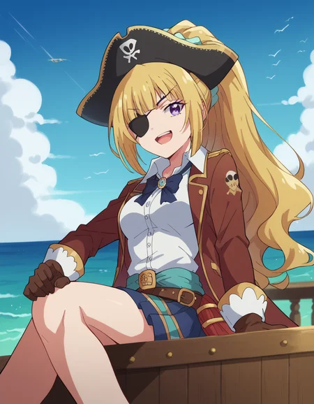 score_9, score_8_up, score_7_up, source_anime, keikaruizawa, <lora:kei-karuizawa-anime-s2-ponyxl-lora-nochekaiser:1>, kei karuizawa, long hair, bangs, blunt bangs, purple eyes, blonde hair, hair ornament, ponytail, scrunchie, blue scrunchie, medium breasts,, <lora:pirate-costume-ponyxl-lora-nochekaiser:1>, pirate costume, pirate hat, skirt, gloves, jacket, shirt, eyepatch,, blue sky, sea, ocean, pirate ship, treasure, gold, smug, open mouth, from below, sitting,, cowboy shot