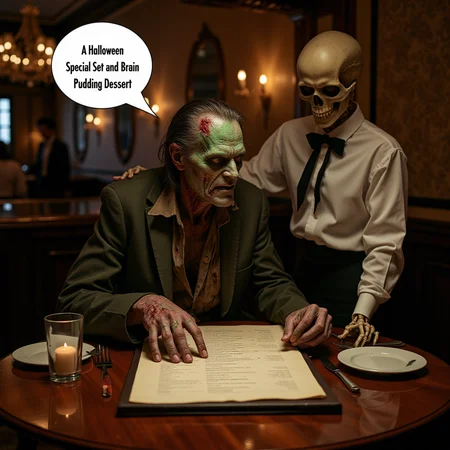 , In the dimly lit, opulent restaurant, shadows dance across the intricately designed wallpaper, creating an atmosphere that is both eerie and extravagant. At the center of a polished mahogany table, a decaying zombieâits skin mottled with shades of green and grayâsits hunched over, its hollow eyes fixated on an elegantly printed menu, which feels oddly out of place. The table is adorned with flickering candlelight, casting ghostly reflections that accentuate the zombie's tattered clothing, a once-fine suit now frayed and stained.
Nearby, a meticulously dressed skeleton waiter, sporting a crisp white shirt and a black bow tie, stands patiently, his bony fingers delicately tapping on the table's edge. The atmosphere is charged with a surreal blend of luxury and grotesquery as the skeleton leans in, ready to take the zombieâs order. Above the zombie's head, a stark white speech bubble appears, the text inside whimsical yet unsettling: "A Halloween Special Set and Brain Pudding Dessert." The faint sound of clinking cutlery and distant murmur of other diners creates a peculiar juxtaposition against this hauntingly surreal scene, enveloping the viewer in an unusual yet captivating dining experience.
