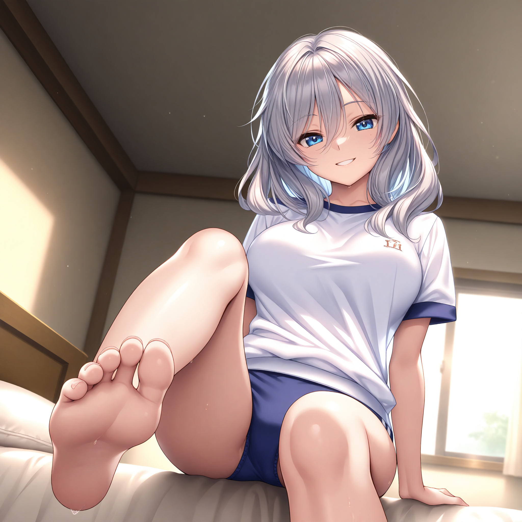 <lora:Jigokudani_Sara_1_nai-000044:1>,Jigokudani Sara,
gym uniform,gym shirt,white shirt,short aleeves,blue buruma,
BREAK
1girl,solo,looking at viewer,smile,front view,sitting,on bed,arm support,indoors,foot_focus,looking_down,from_below,