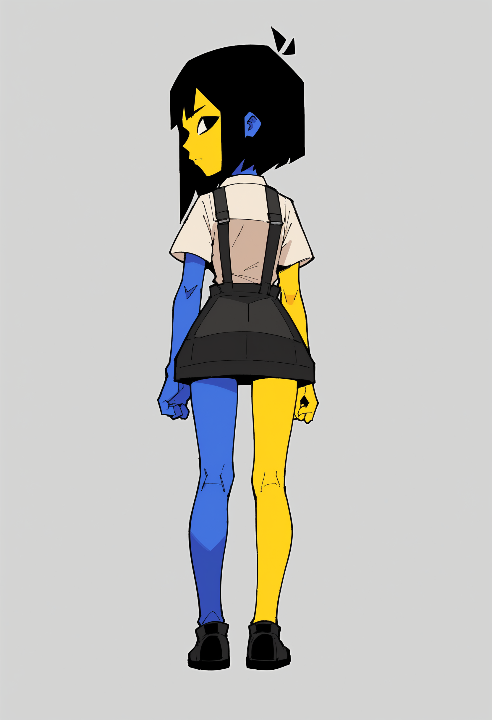 score_9, score_8_up, score_8, source_anime, 1girl, <lora:Ena:0.85> (solo), colored skin, black hair, yellow skin, blue skin, black eyes, suspenders, shirt, short sleeves, black skirt, black shoe, black boot, from behind, looking back, 
simple background,