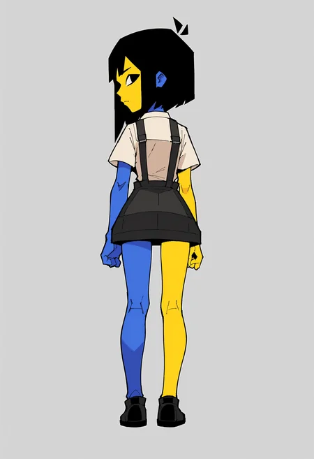 score_9, score_8_up, score_8, source_anime, 1girl, <lora:Ena:0.85> (solo), colored skin, black hair, yellow skin, blue skin, black eyes, suspenders, shirt, short sleeves, black skirt, black shoe, black boot, from behind, looking back,
simple background,