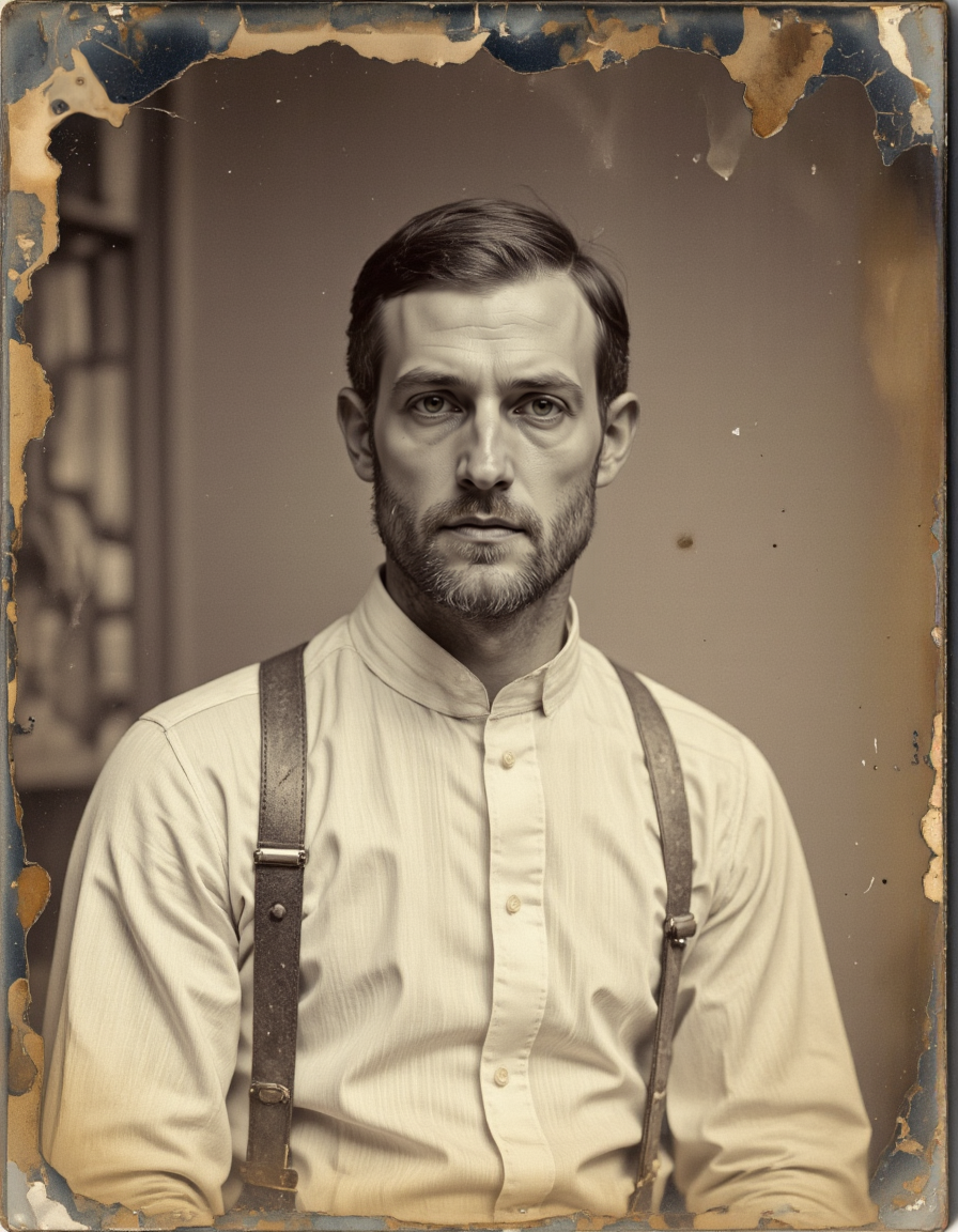 <lora:SuperModel-V8:1>, The  WB ambrotype old scratched and stained photo shows a Portrait of a young man wearing a sitz white striped shirt with suspenders, beard and light eyes