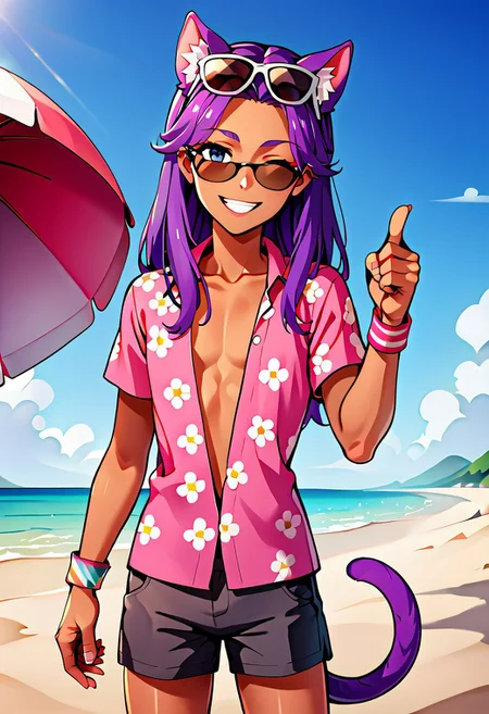 sscore_9, score_8_up, score_7_up, score_6_up, score_5_up, score_4_up, zzCitronCAT, beach background, sunny, blue sky, clear sky, sand, sea, umbrella, solo, 1boy, facing screen, cute, perfect hands, bob, human, vitiligo, dark skin, light spot around left eye, purple hair, cat ears, smiling, eyes half-closed, long hair, hair tied, cat tail, pink shirt, unbuttoned hawaiian shirt, bare chest, floral shirt, gray shorts, dark shorts, rubber band wristbands, shades, sunglasses, sunglasses on forehead, winking, thumbs-up