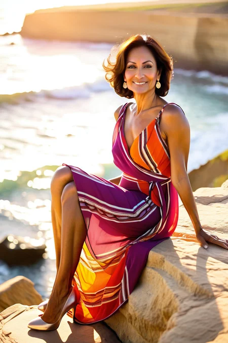 majmilfaa MILF, 1woman, Indian, solo, medium long photograph of a stunning 40-year-old woman with a stylish beach bob hair style, sitting on a cliff overlooking the ocean at sunrise, s, wearing a loose fitting vibrant multi color spring dress, confident expression, fine lines and mature skin details visible in natural light, realistic skin texture with soft smile lines, warm ambient sunlight casting gentle highlights and shadows, DSLR photography with shallow depth of field, pastel color tones, cinematic bokeh, high detail, authentic mature beauty, spring atmosphere