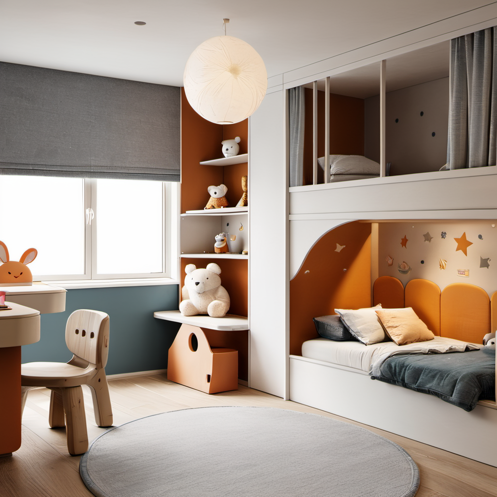 Children's room,carpet,bedside background wall,desk,window,curtains,wooden floor,lamp,wardrobe,