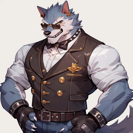 score_9, score_8_up, score_7_up, freddy, wolf boy, 1boy, solo, belt, scar, earrings, furry, bara, sunglasses, fingerless gloves, vest, <lora:Freddy:1.0>