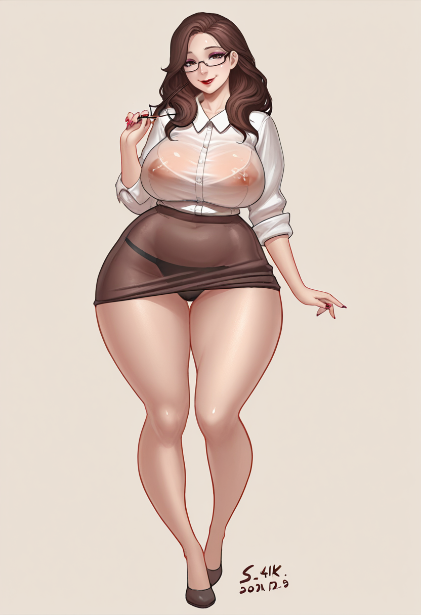 masterpiece, best quality, S4s4k1Nsfw, 
 <lora:69_Marshviolet8:1> 1girl, breasts, brown hair, solo, glasses, panties, underwear, see-through, long hair, shirt, curvy, skirt, wide hips, simple background, full body, large breasts, smile, makeup, nail polish, looking at viewer, lipstick, dated