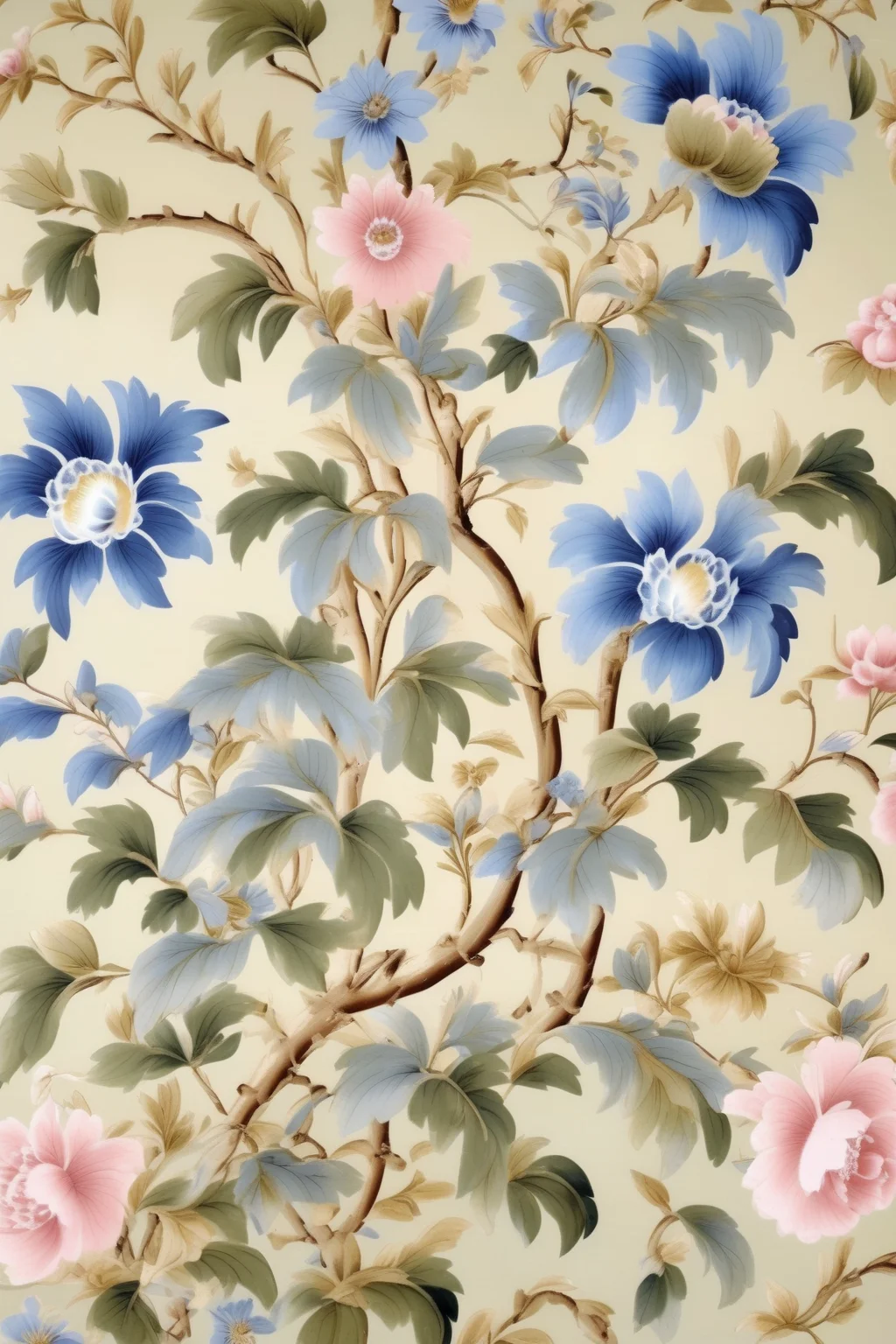 <lora:Anna Maria Garthwaite Style:1>Anna Maria Garthwaite Style - light pink, olive green, gold, light blue, french blue, cornflower blue climbing chinoiserie floral vine design like deGournay wallpaper gouche illustration