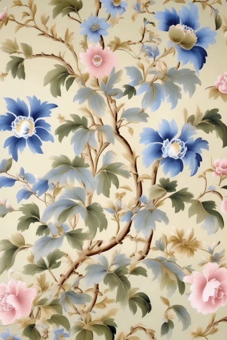 <lora:Anna Maria Garthwaite Style:1>Anna Maria Garthwaite Style - light pink, olive green, gold, light blue, french blue, cornflower blue climbing chinoiserie floral vine design like deGournay wallpaper gouche illustration