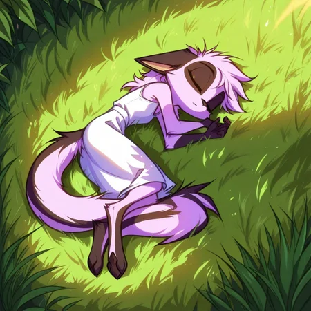 Dreamkeepers,1girl,Prelude_Vi,solo,furry,tail,source_furry,hazel eyes,
masterpiece, child, kid,
grass, laying, sleeping, summer, outside, messy hair, white summer dress,