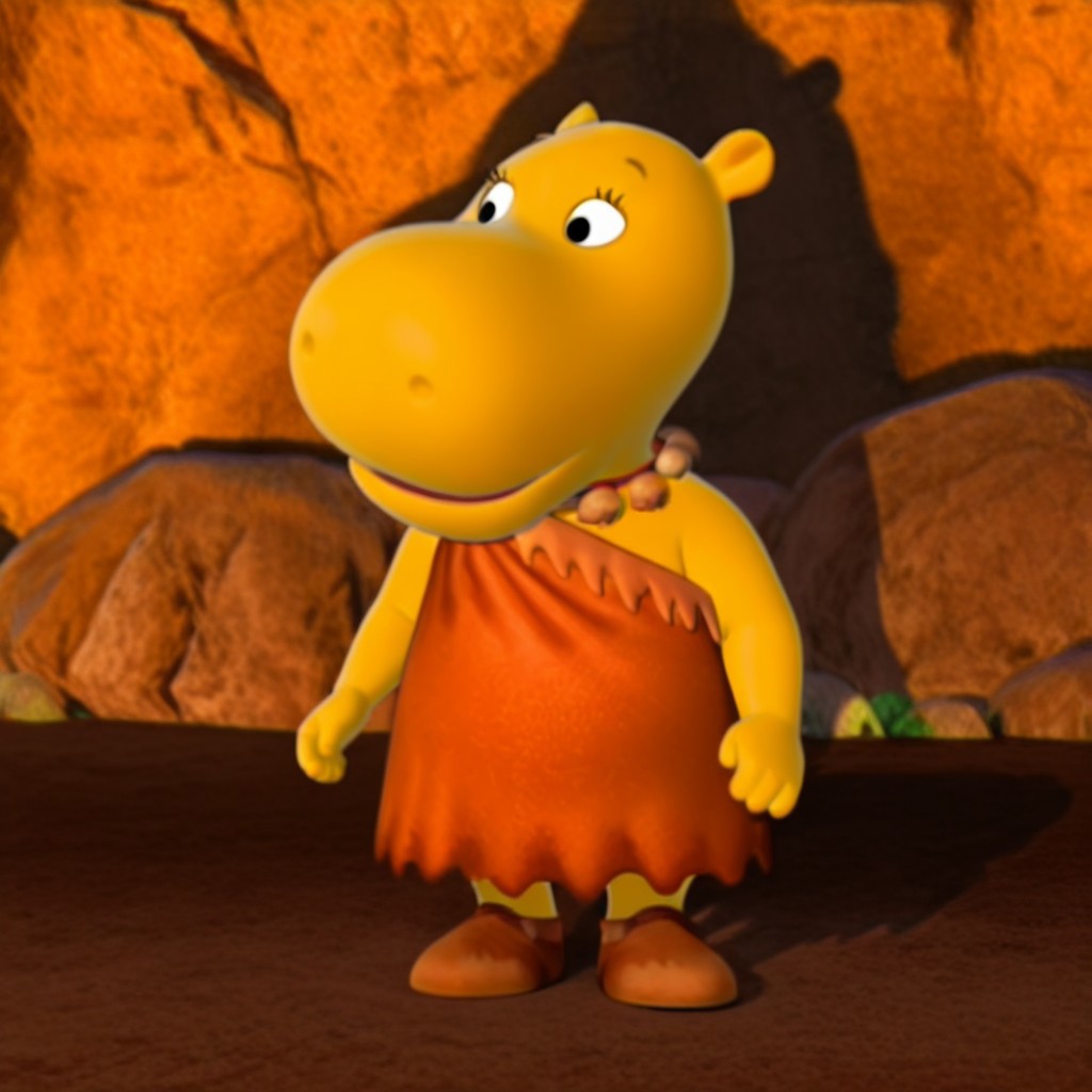 masterpiece, best quality, amazing quality, TashaByil, anthro, female, hippo, yellow skin, black eyes, brown caveman costume, brown shoes, necklace, outside, full body  solo, 1girl,