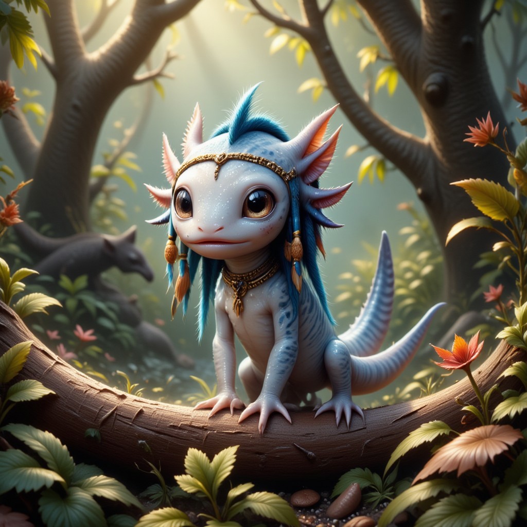 Envision a cute chimera, an uncanny blend of a Na'vi and a axolotl, Embodying the strange beauty of undiscovered biodiversity