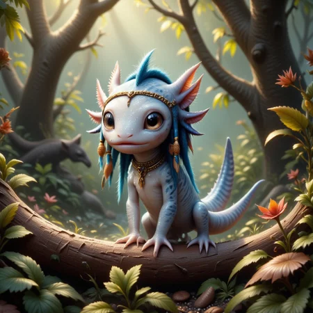 Envision a cute chimera, an uncanny blend of a Na'vi and a axolotl, Embodying the strange beauty of undiscovered biodiversity